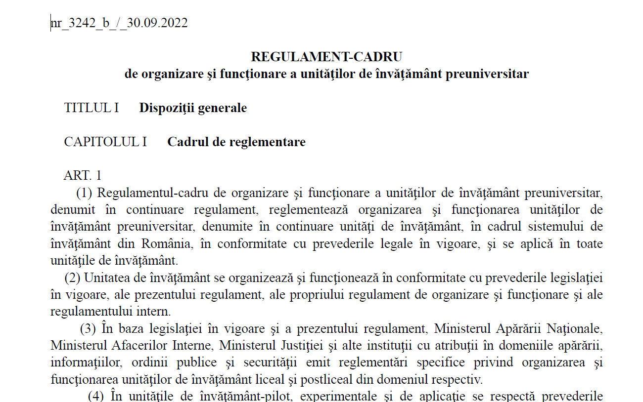 Read more about the article REGULAMENT-CADRU<br>de organizare şi funcţionare a unităţilor de învăţământ preuniversitar