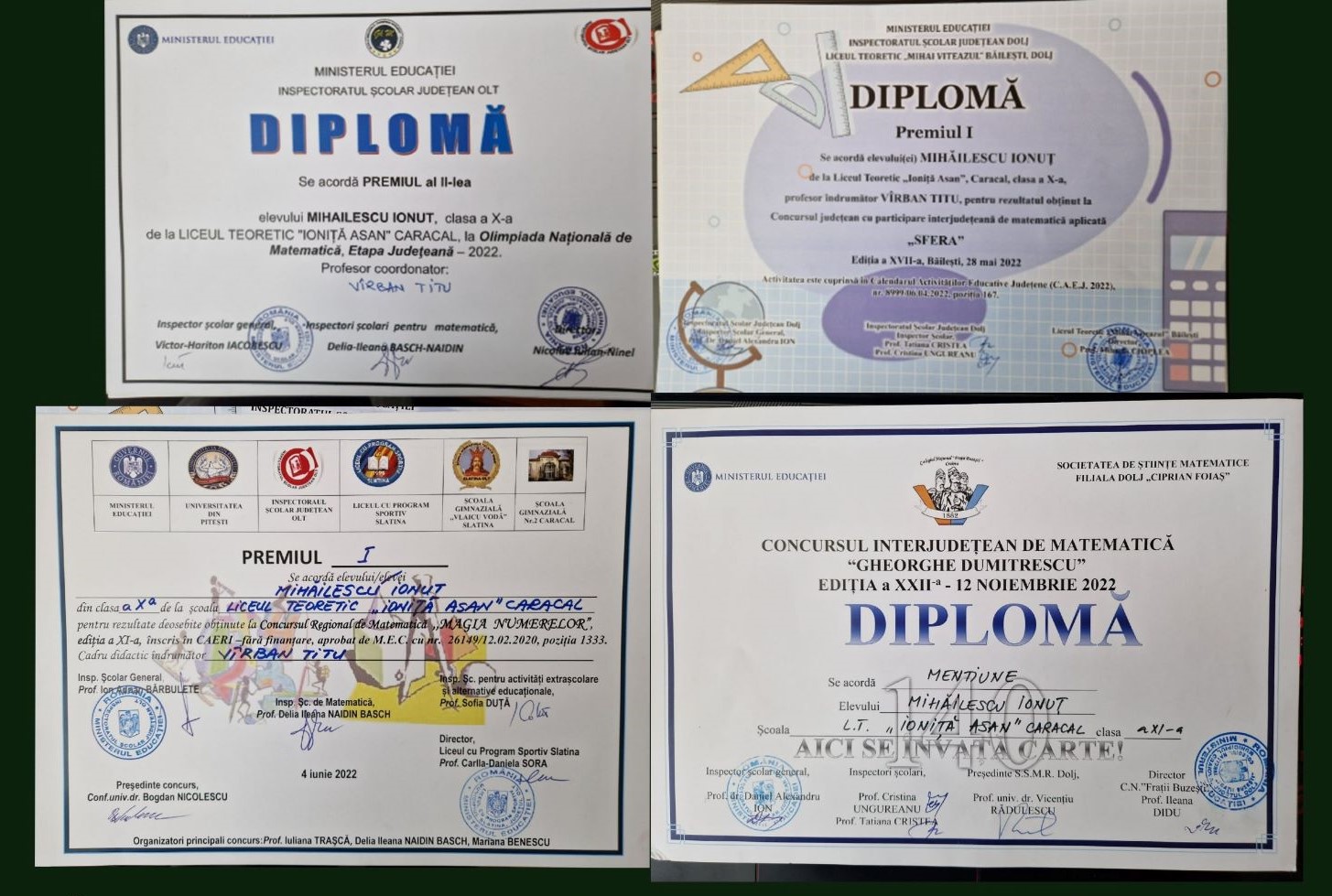 Read more about the article MIHĂILESCU IONUȚ (cls aXI-a)- locului I la Faza Județeană și calificarea la OLIMPIADA NAȚIONALĂ DE MATEMATICĂ
